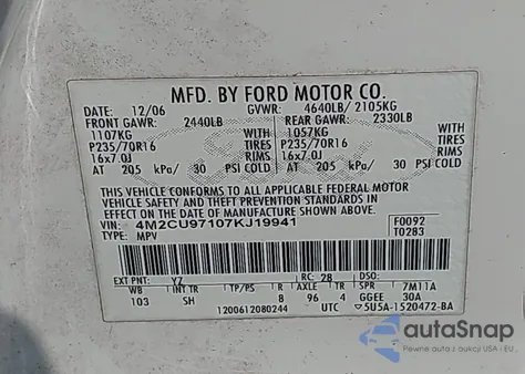 2007 Mercury Mariner Premier z USA, uszkodzony, nr VIN 4M2CU97107KJ19941